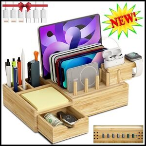 Bamboo Charging Station Dock USB Organizer 7 in 1 Wood Phone Tablet Watch Stand